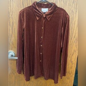 Susan Graver Vintage Dark Orange Velour W/ Golden Sparkle Long Sleeve Blouse 2X